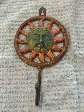 Rustic Cast Iron Sun Face Wall Hook | Boho Celestial Decor | Coat Key Hook